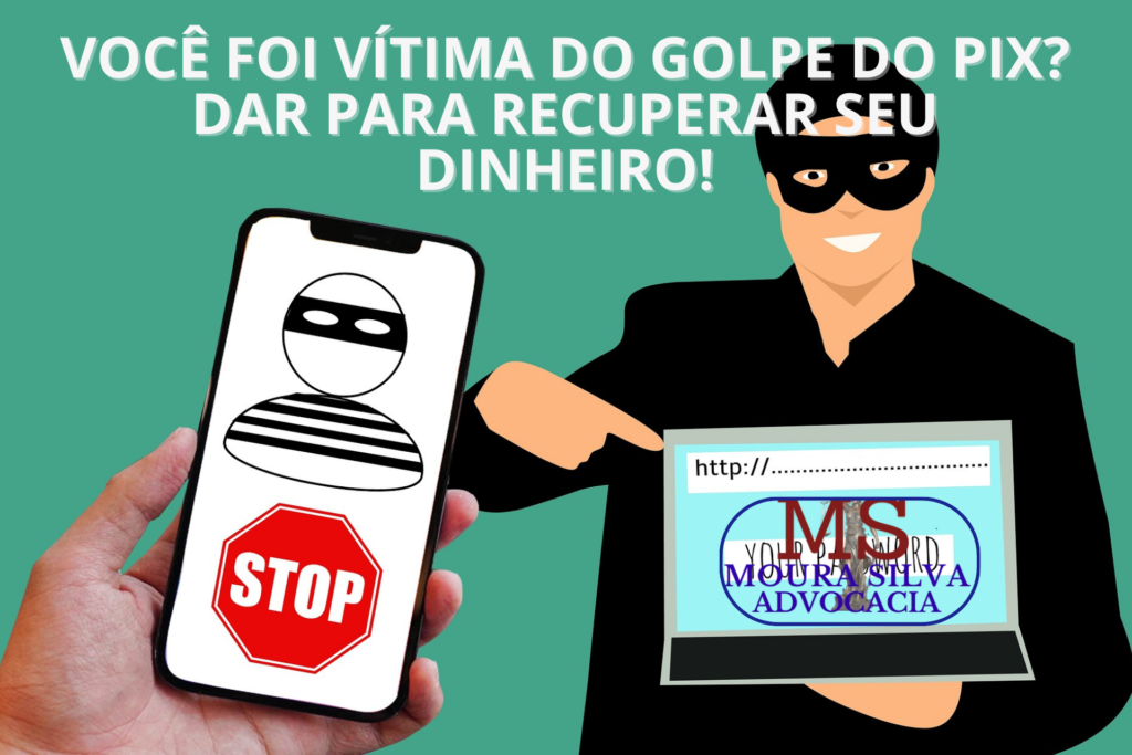 Celular com alerta de golpe e golpista digitando em notebook - advogado para vítimas de golpe do PIX em Brasília